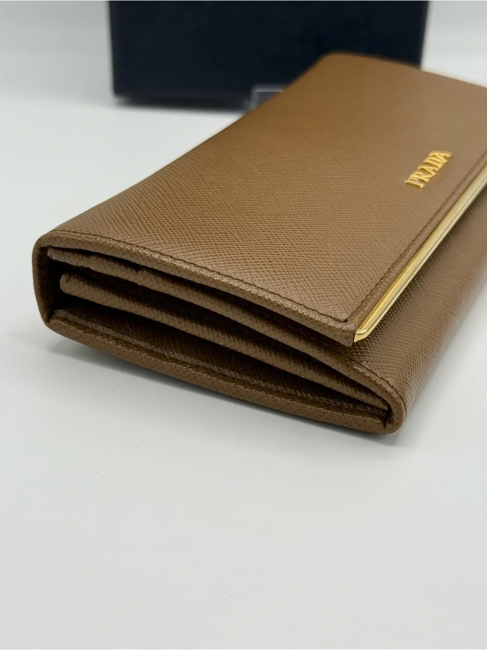 Prada Saffiano Metal Bar Flap Wallet in Caramel / Camello W/ card holder